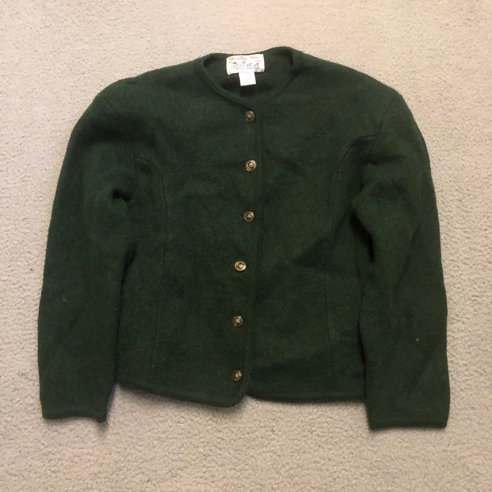 Vtg Tally-Ho Forest Green Wool Cardigan Sweater L Ornate Gold Buttons Equestrian